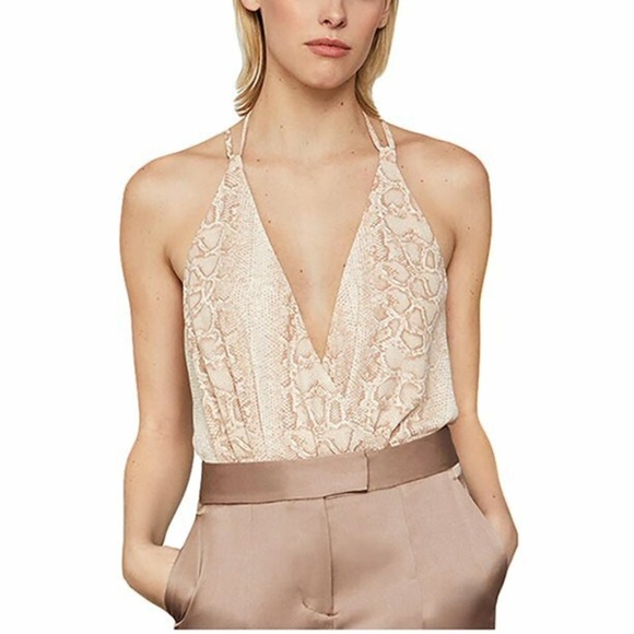 BCBGMAXAZRIA Bare Pink Python Print Faux Wrap Front Snake Print Bodysuit Sz L - Picture 7 of 16